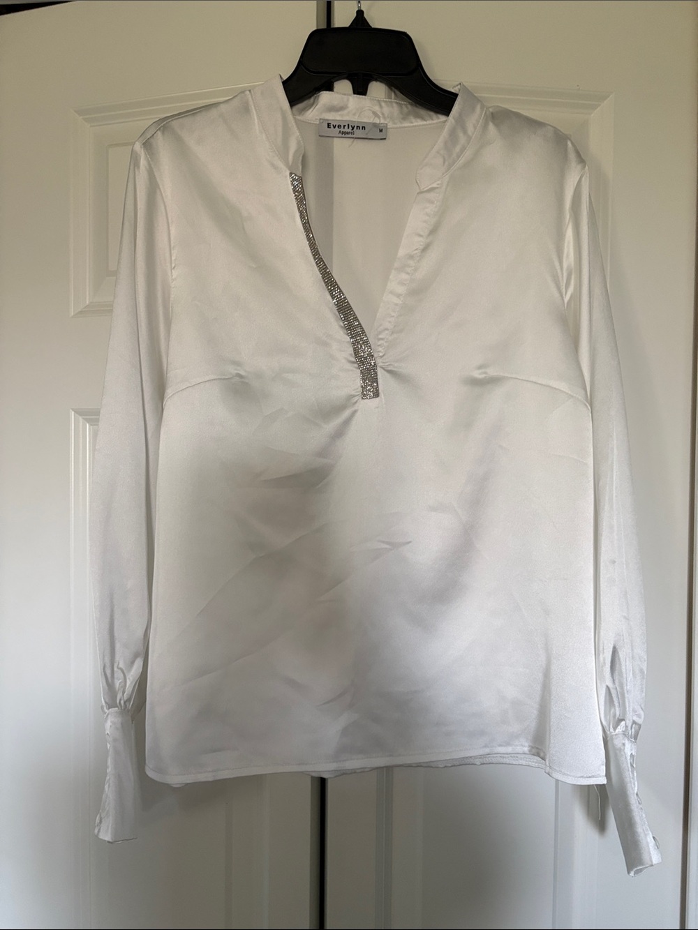 Everly White Satin V-Neck Blouse with Rhinestone Trim